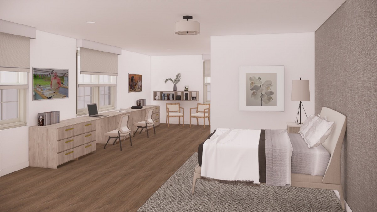 A modern and minimalist office space with wooden flooring and contemporary artwork.