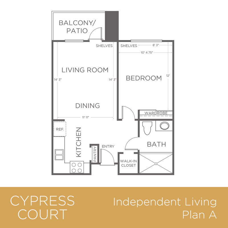 Cypress Court Independent Living Plan A: Floor plan for a one-bedroom apartment unit.