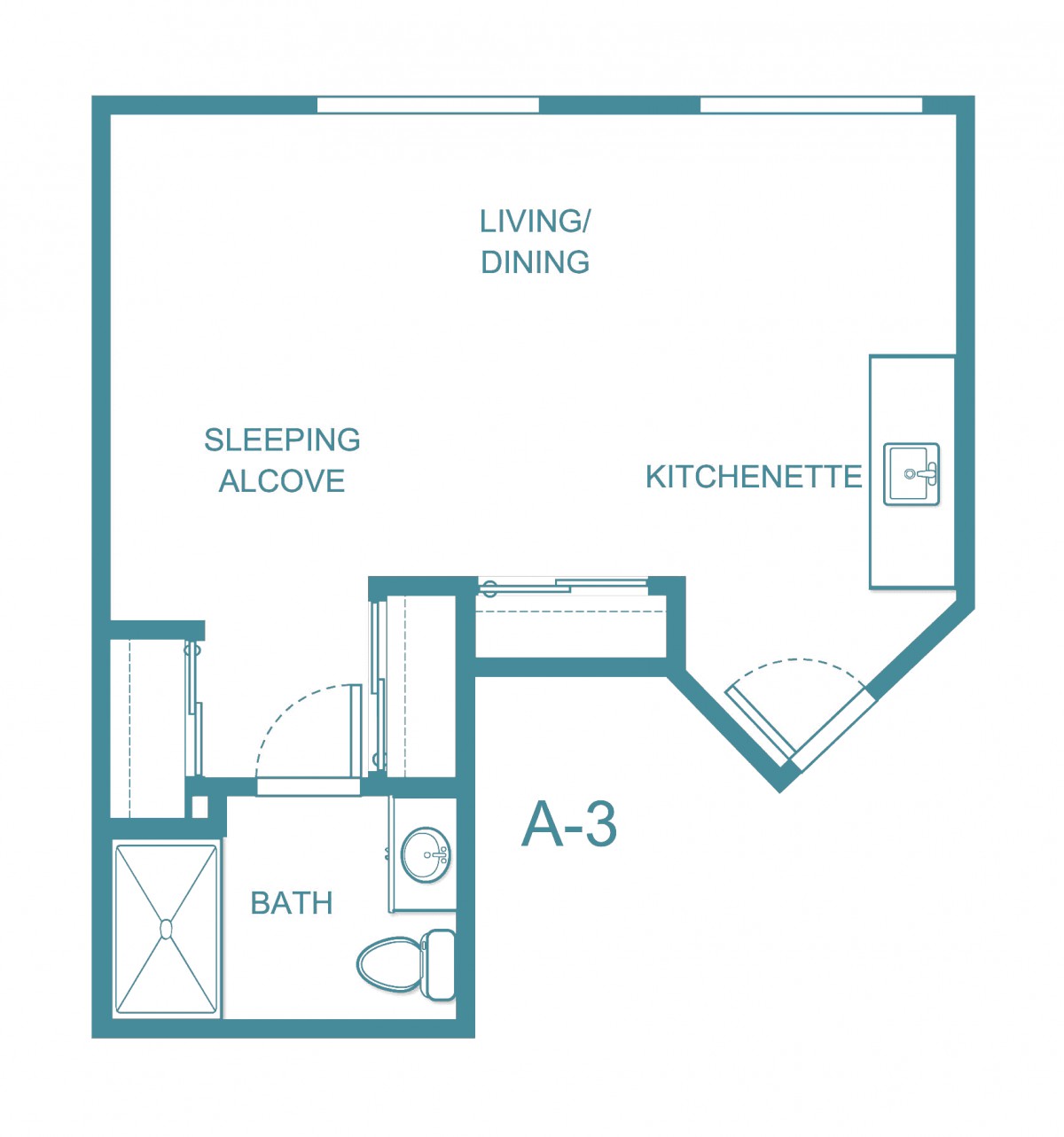 A floor plan of a studio apartment with a sleeping alcove, kitchenette, and bath.