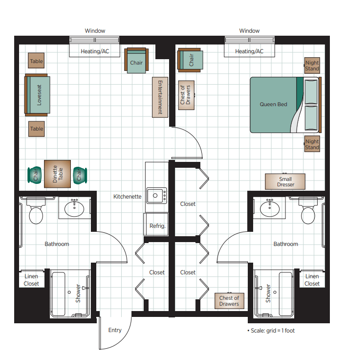 A compact two-bedroom apartment floor plan featuring a living room, kitchen, and two bathrooms.