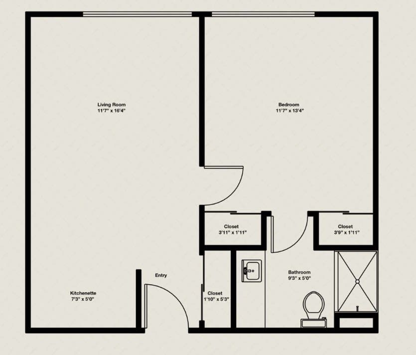 A simple floor plan of an apartment with labeled rooms.