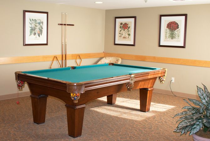 A well-lit recreation room featuring a pool table with wall decorations.