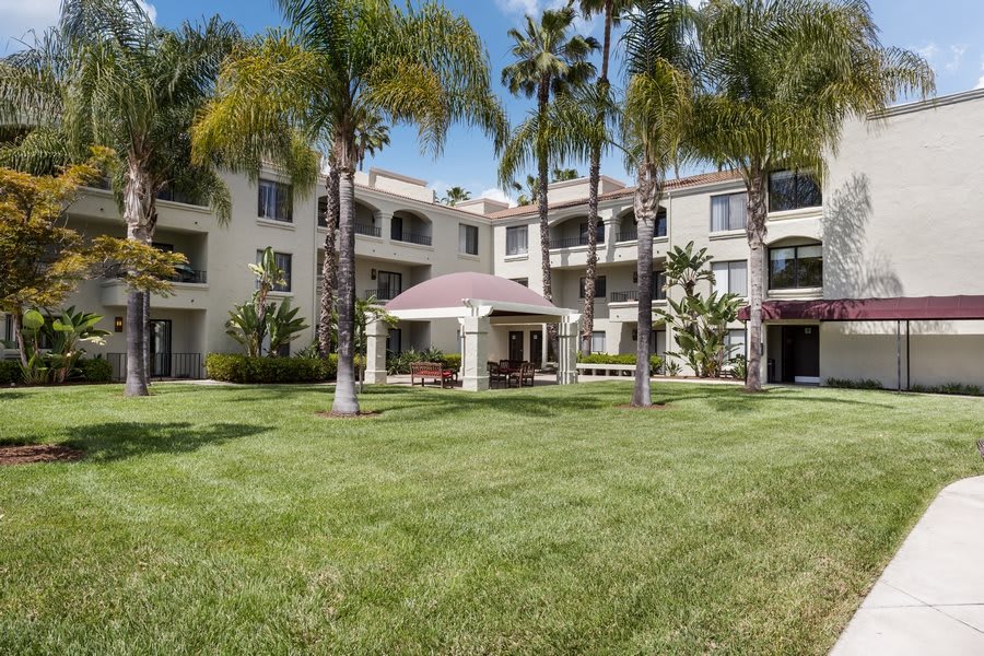 A scenic view of a residential apartment complex with well-maintained gardens and palm trees.