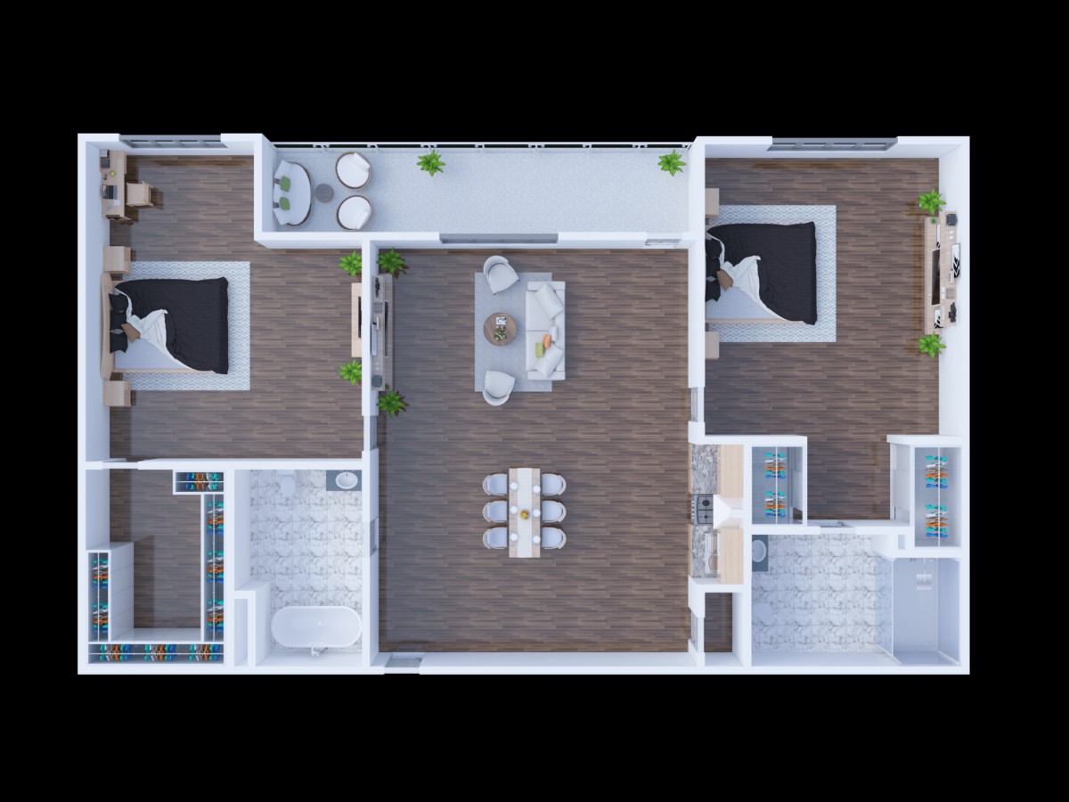 Modern apartment floor plan with two bedrooms, a central living area, and outdoor balconies.