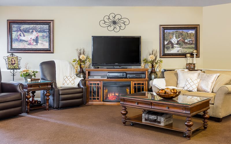 A cozy living room with a television, sofa, armchair, and decorative elements.