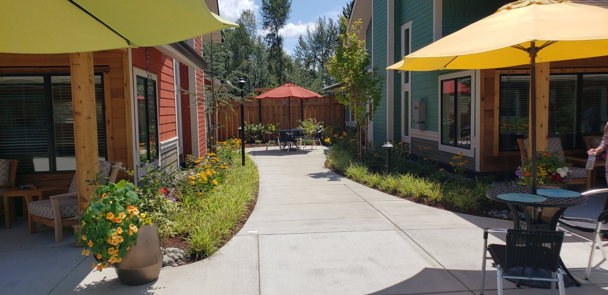 A sunny outdoor patio with colorful umbrellas, surrounded by a landscaped garden and pathway between buildings.