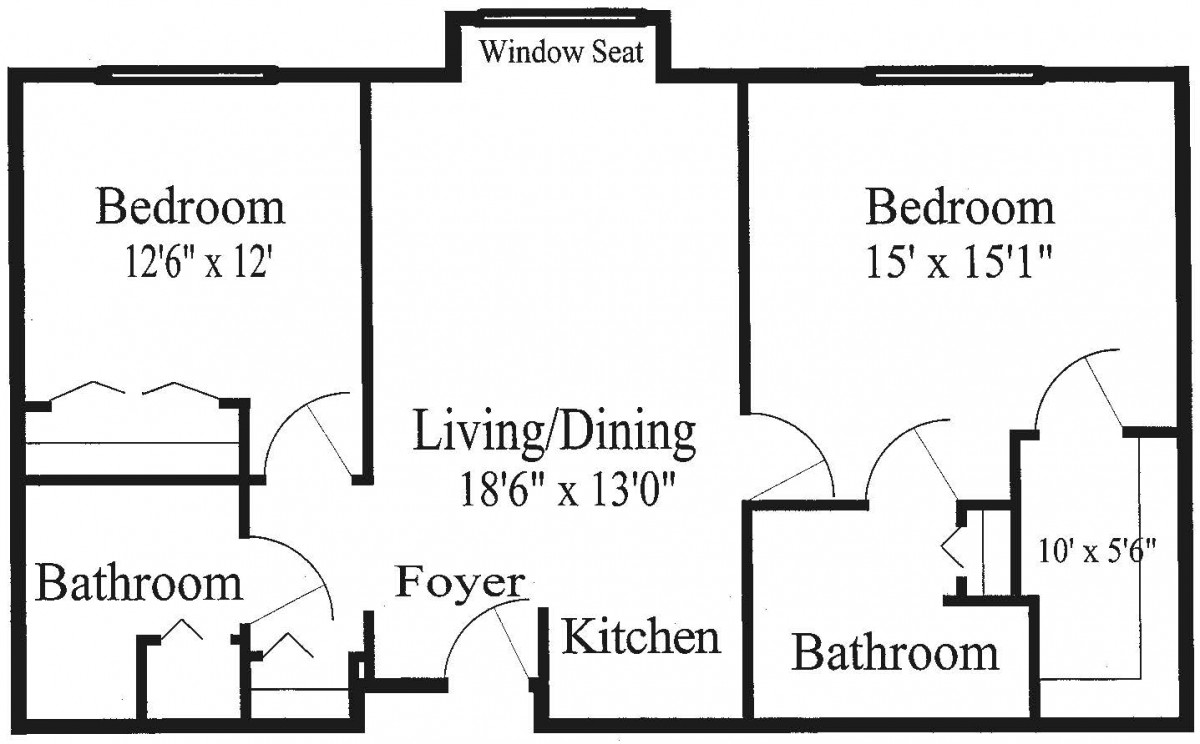 A floor plan of an apartment with two bedrooms, a living/dining area, kitchen, and bathroom.