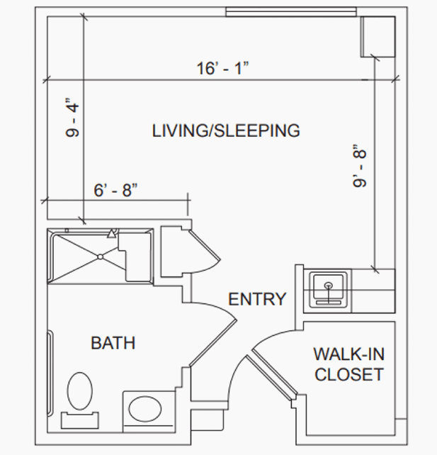 Studio apartment floor plan with living/sleeping area, bath, and walk-in closet.
