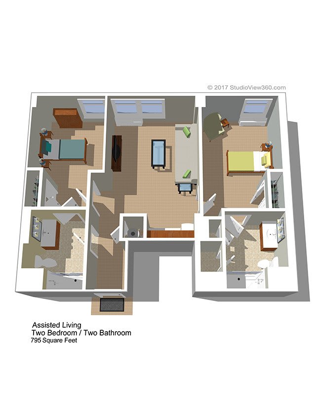 3D floor plan of a two-bedroom apartment featuring a living room, kitchen, and bathroom.