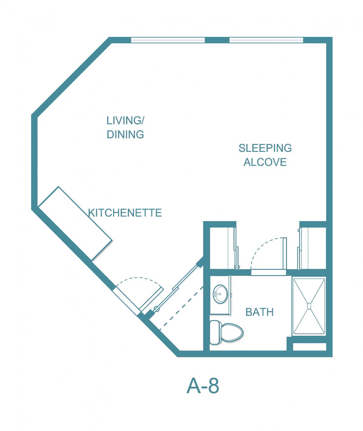 Studio apartment floor plan with kitchenette, living/dining area, sleeping alcove, and bath.