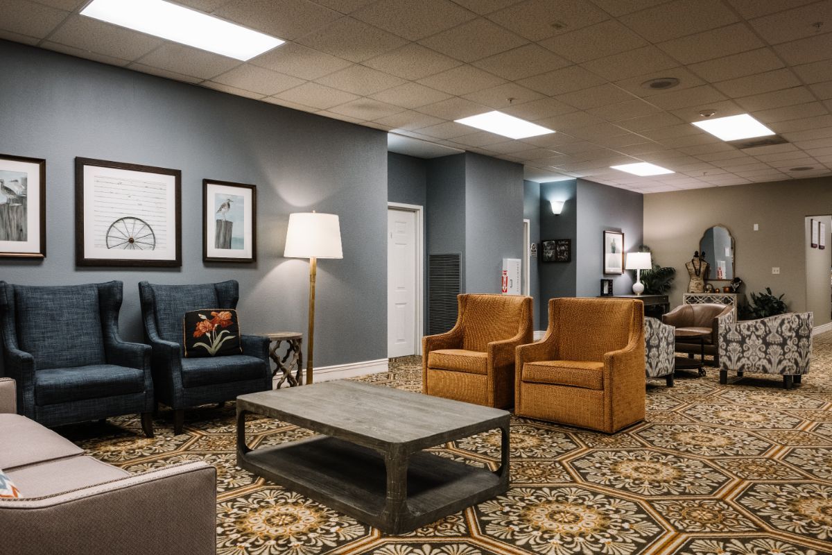 A modern lobby area with comfortable seating and stylish decor.