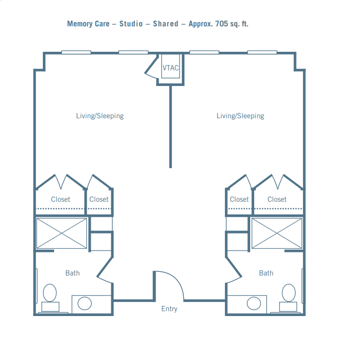 Floor plan of a two-bedroom apartment with separate living areas and bathrooms.