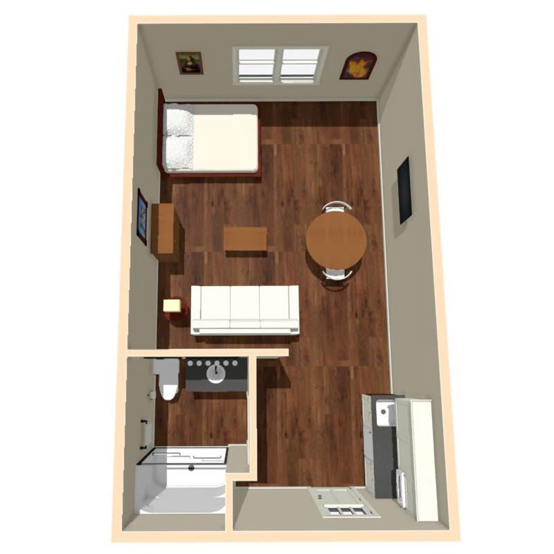 A 3D floor plan of a compact studio apartment featuring a bedroom, kitchen area, and small living space.