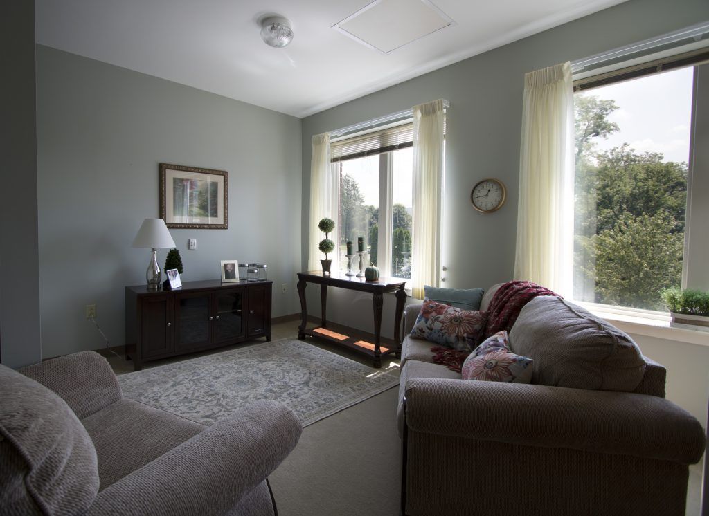 A cozy living room with large windows, allowing natural light to illuminate the space decorated with stylish furniture and decor.