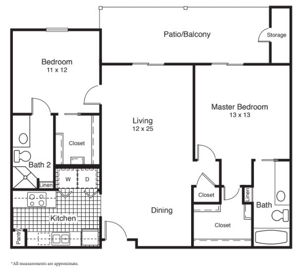 A detailed floor plan of a two-bedroom apartment, featuring two bathrooms, a kitchen, living room, dining area, and a patio.