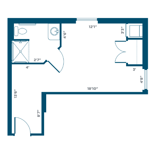A blueprint of a small apartment layout, featuring a bathroom and an open living area.