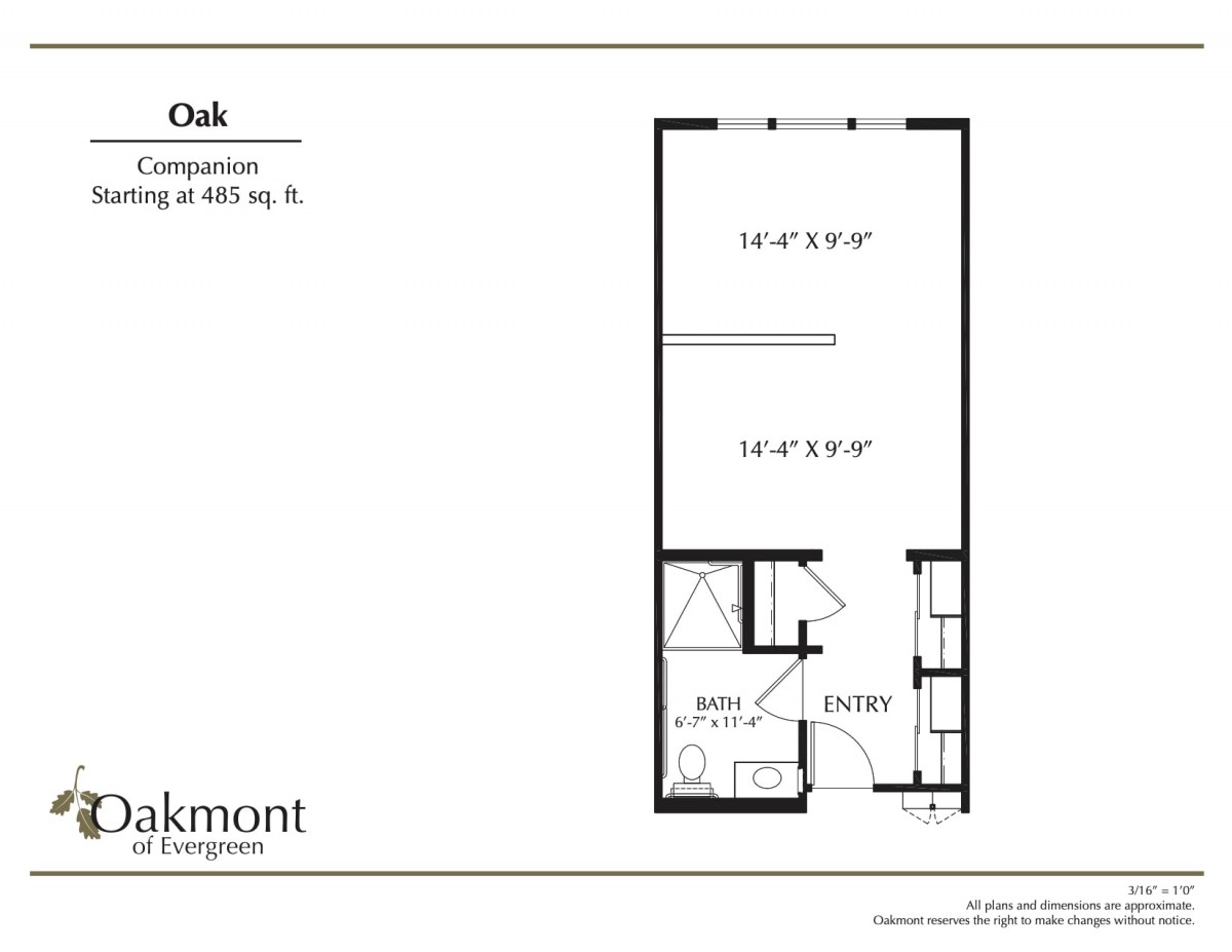 A floor plan of a studio apartment, labeled as 'Oak' with dimensions and room placements.