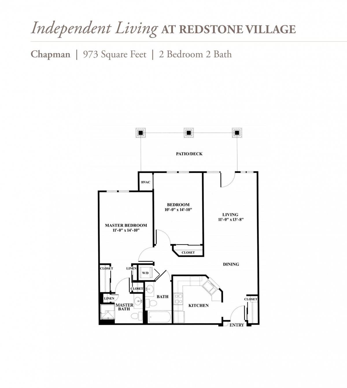 Floor plan for a two-bedroom, two-bath apartment at Redstone Village Independent Living.