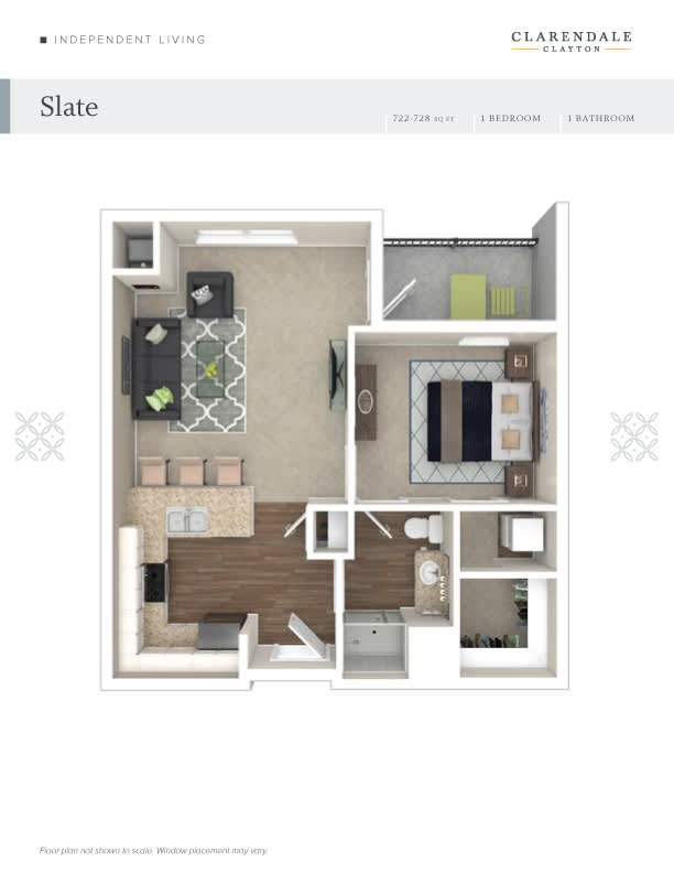 A 3D floor plan of a one-bedroom apartment featuring a living room, kitchen, bedroom, and bathroom.