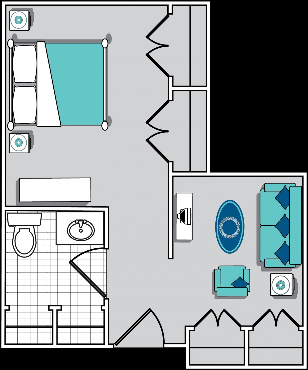 A one-bedroom apartment floor plan featuring a living room, bedroom, and bathroom.