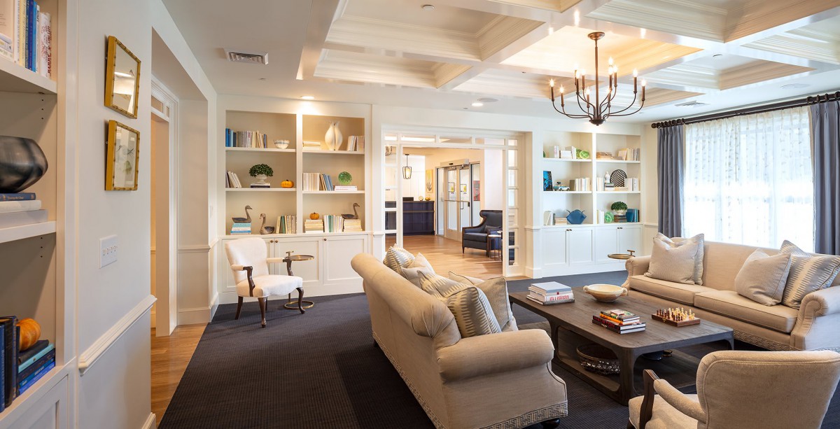 A stylish living room featuring built-in shelves, a comfortable sofa, and a central coffee table under a chic chandelier.