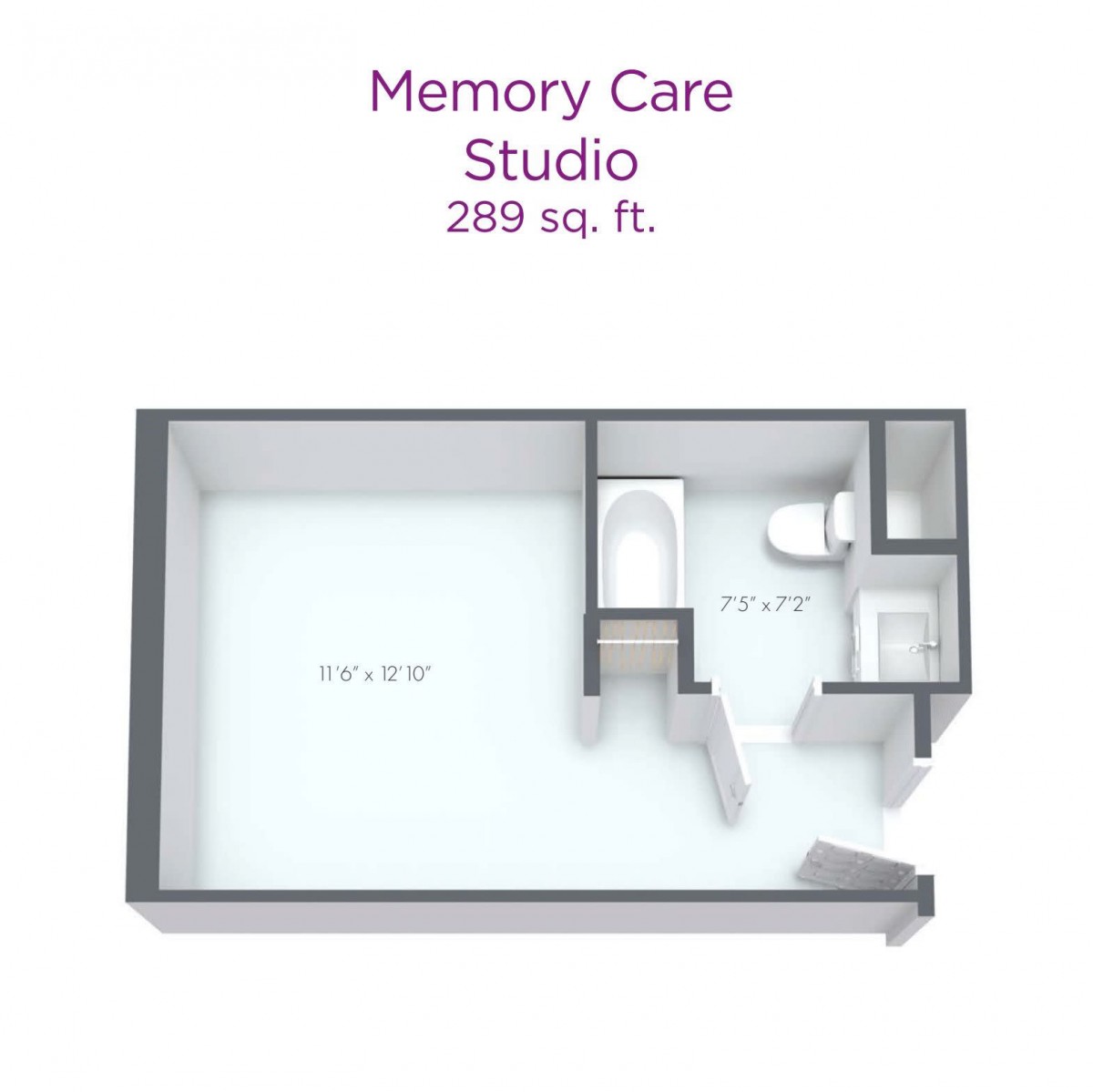 3D floor plan of a 289 sq. ft. Memory Care Studio.