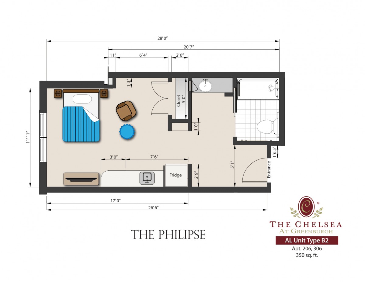 Floor plan of a one-bedroom apartment named 'The Phillipe'.