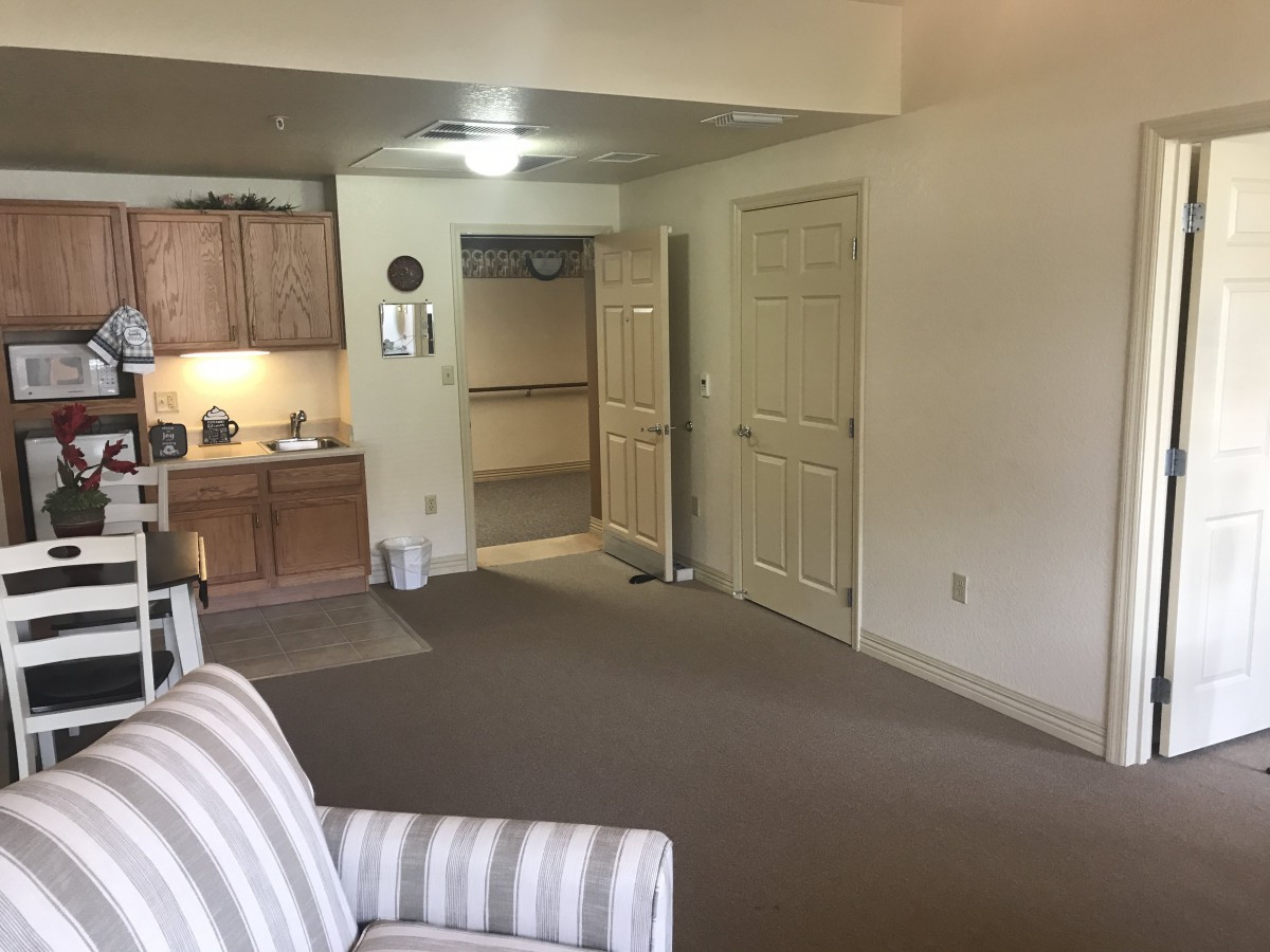 A cozy living space featuring a striped chair, kitchenette, and carpeted flooring.