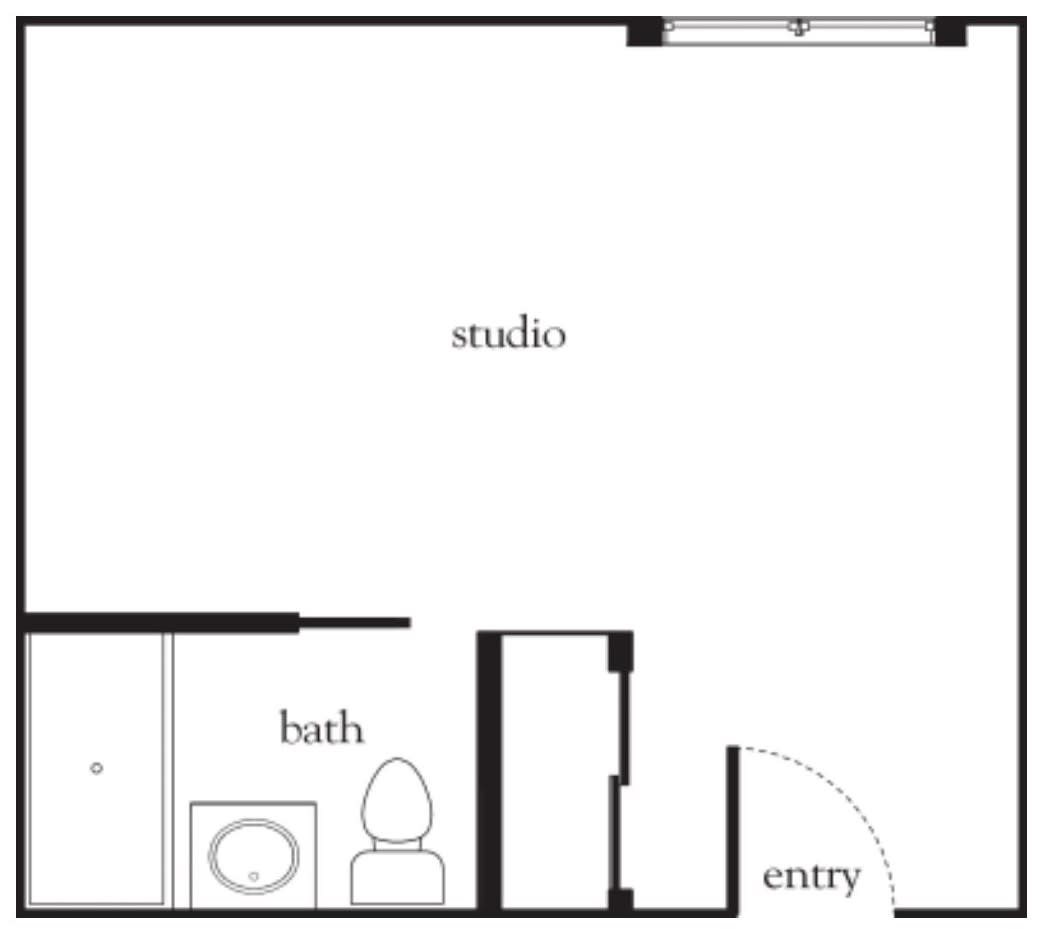 Floor plan of a studio apartment with an entryway, bathroom, and main studio area.