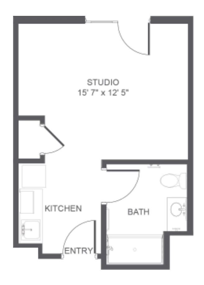 Studio apartment floor plan with kitchen and bathroom layout.