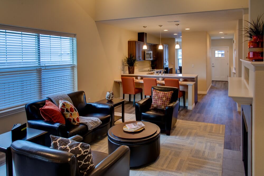 A modern open-concept living room and kitchen area with stylish furniture and decor.