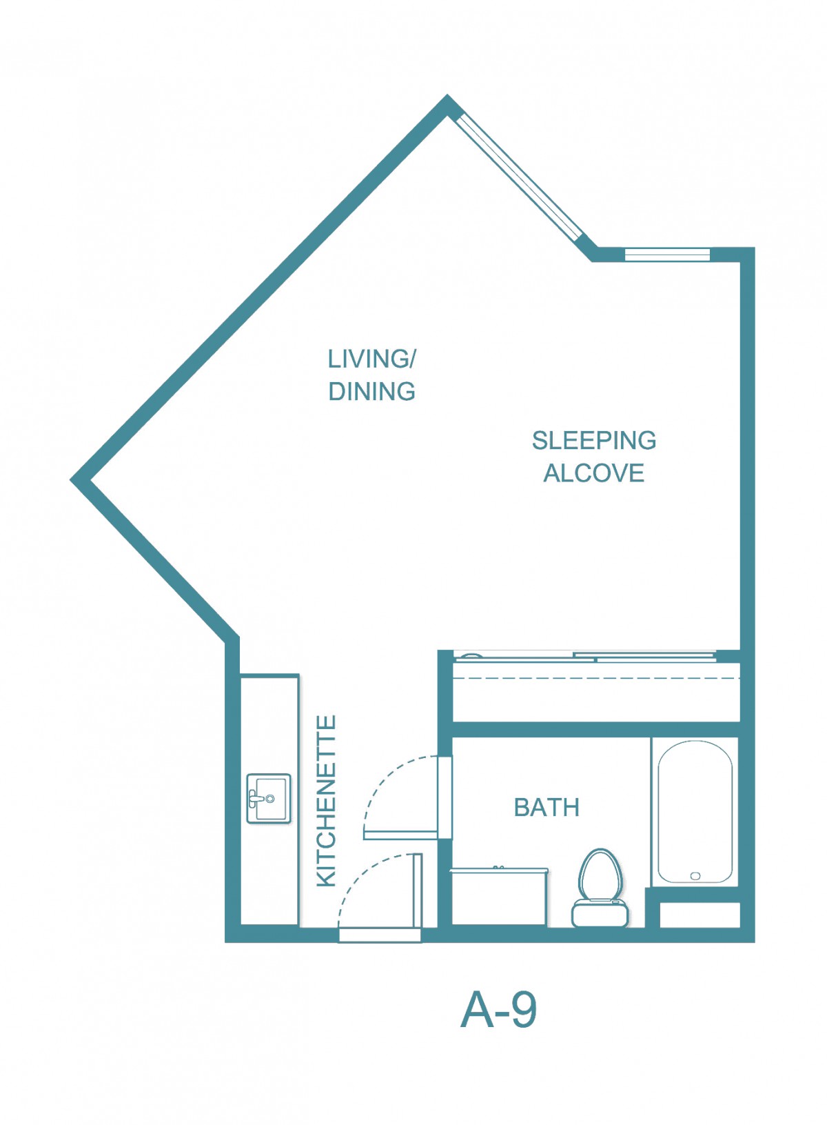 Studio apartment floor plan featuring a living space, sleeping alcove, kitchenette, and bathroom.