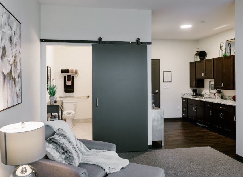Modern interior space featuring a living area, kitchen, and bathroom with a sliding door.