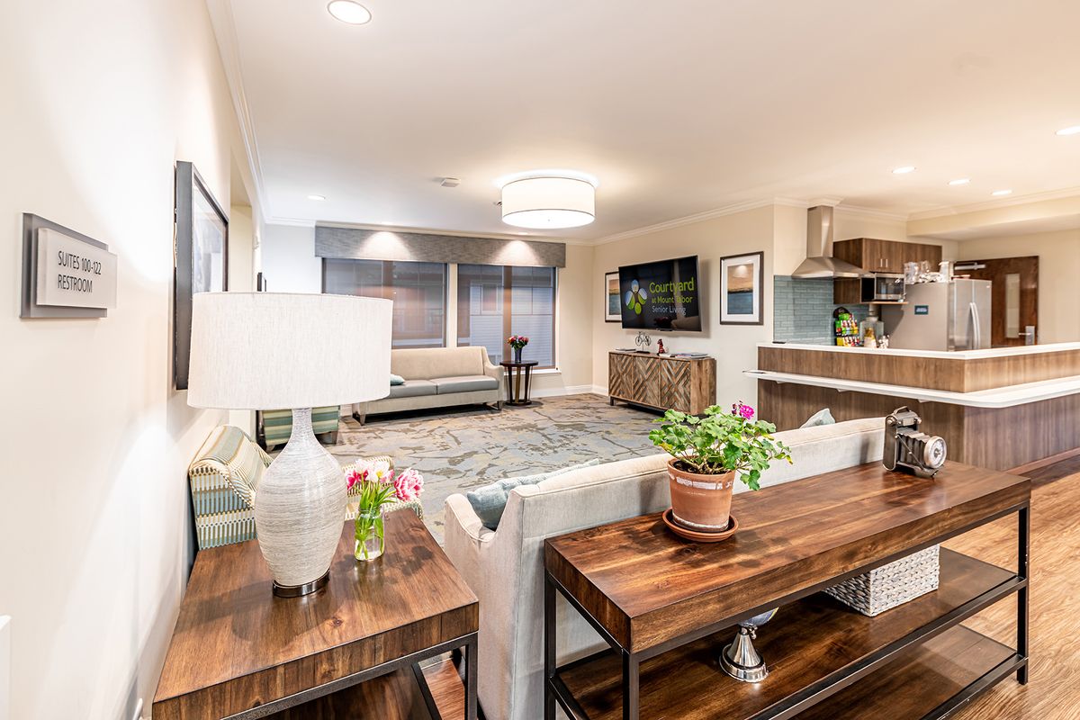 A modern living room with stylish furniture and decor, featuring a comfortable sofa, a wooden coffee table, decorative plants, and a wall-mounted television.