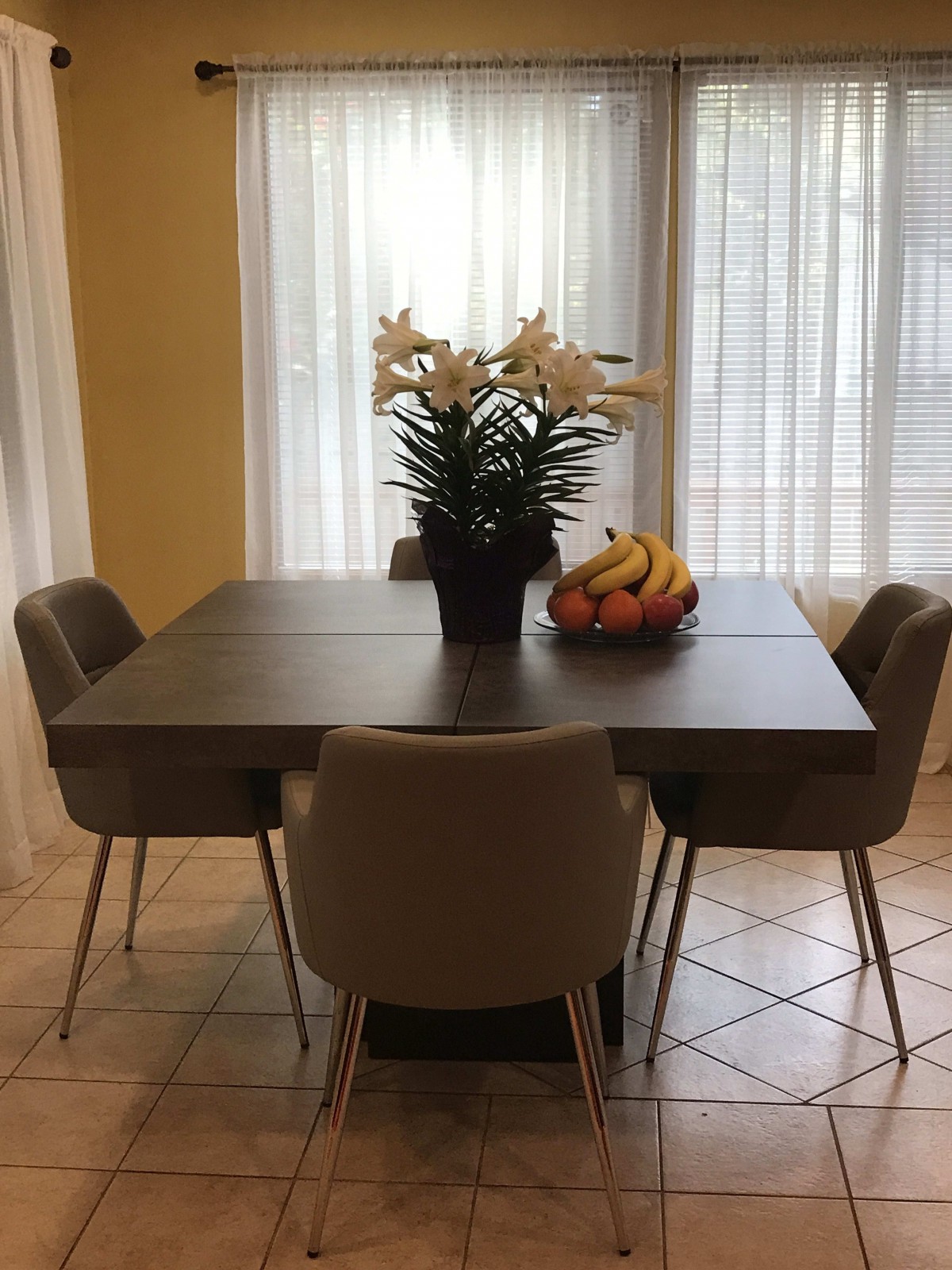 A modern dining area with a dark wooden table, surrounded by cushioned chairs and decorated with a potted plant and a fruit bowl.