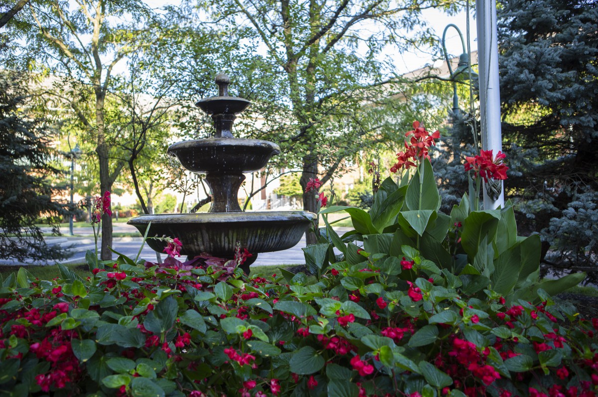 A serene garden scene featuring a tiered fountain surrounded by vibrant flowers and lush greenery.