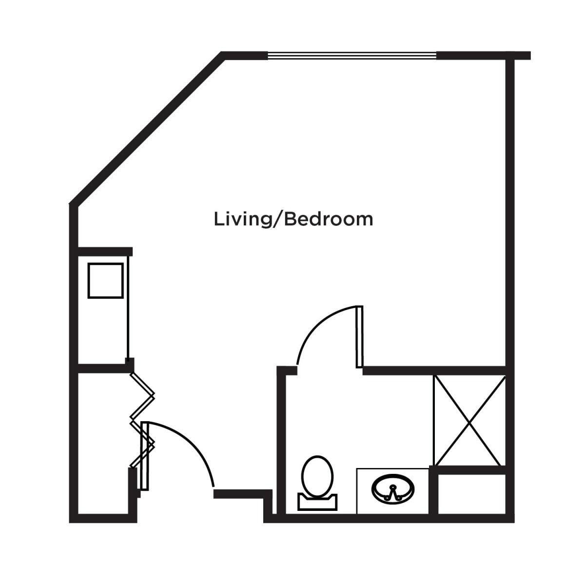 Studio apartment floor plan with combined living and bedroom area.