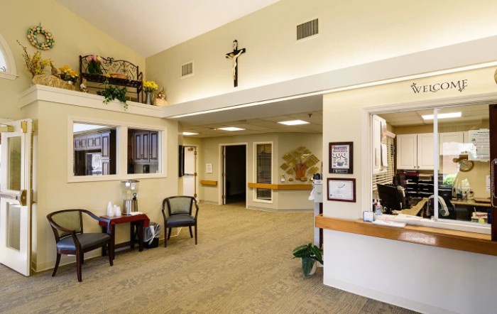 A welcoming reception area with seating and decor.