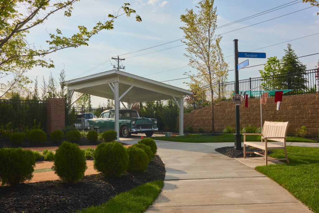 A landscaped driveway with a covered area and well-maintained bushes.