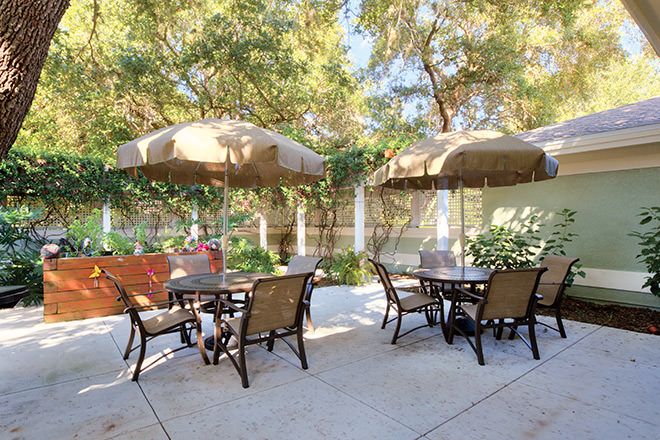 A serene outdoor patio with tables, chairs, and umbrellas surrounded by lush greenery.