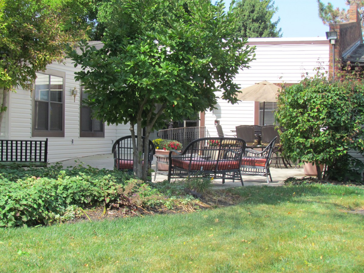 A peaceful backyard patio with seating and greenery.