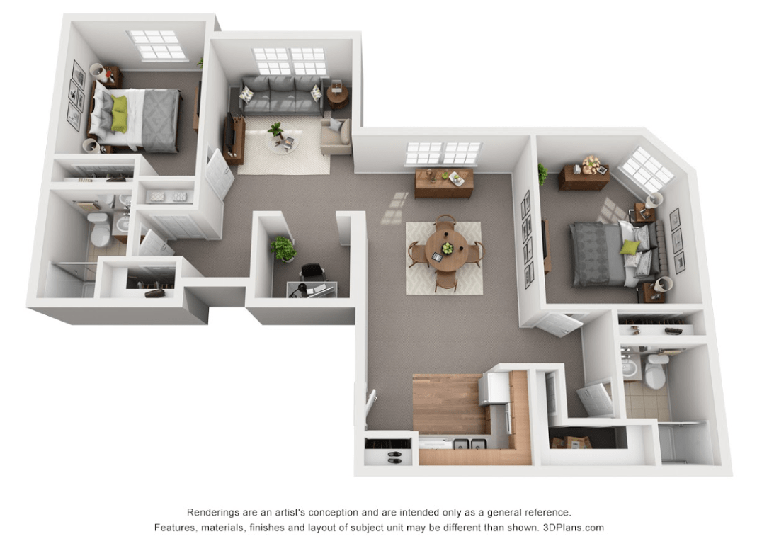 A 3D rendering of a two-bedroom apartment floor plan, featuring a spacious living room, kitchen, and bathroom.