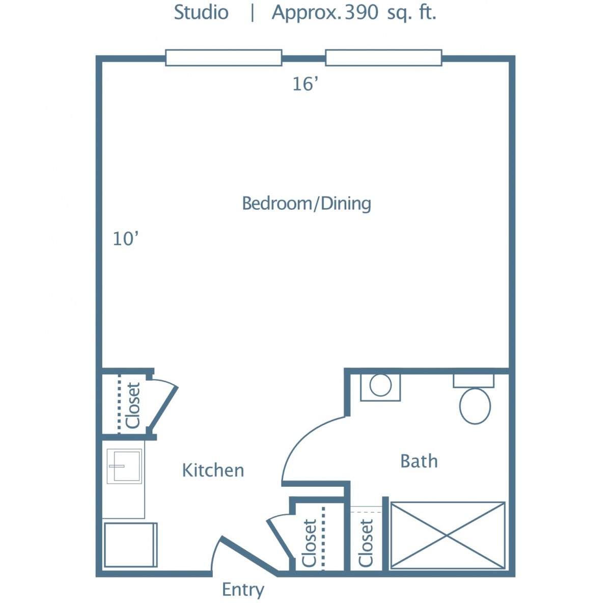 Floor plan of a studio apartment approximately 390 square feet in size.