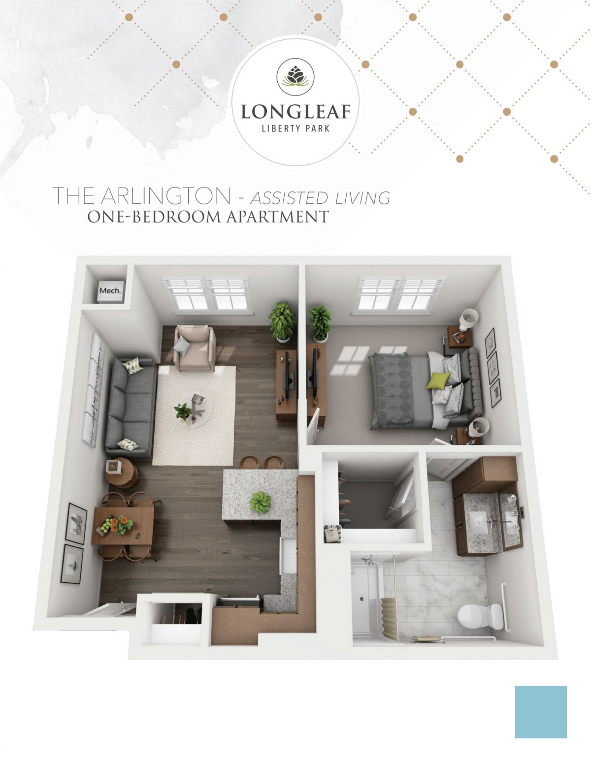 3D floor plan of a one-bedroom apartment with labeled rooms.