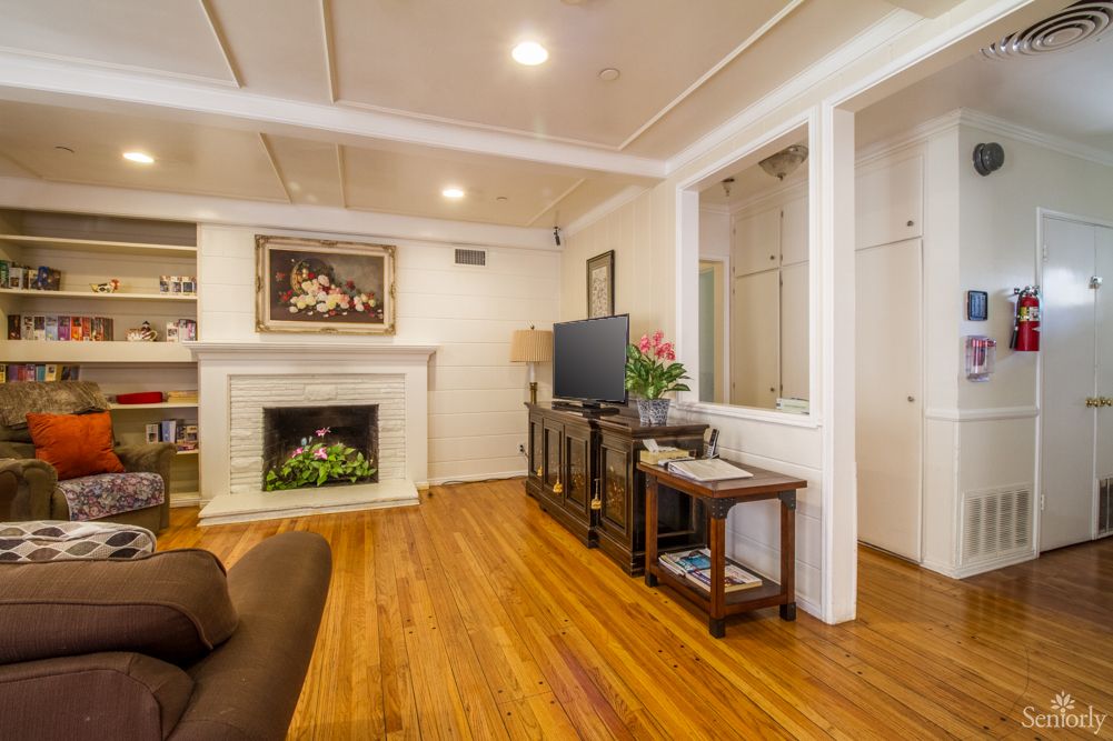 A cozy living room with a fireplace, TV, and hardwood flooring.