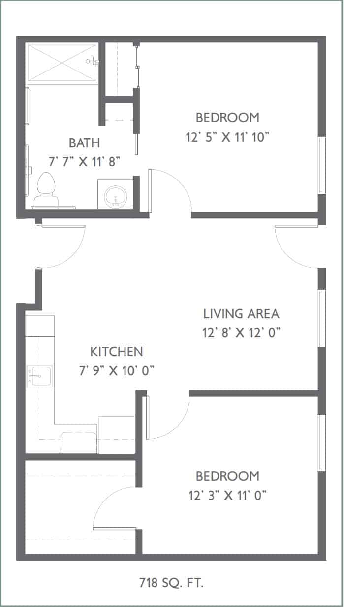A floor plan of an apartment showing the arrangement of rooms including a living area, kitchen, bathroom, and bedroom.