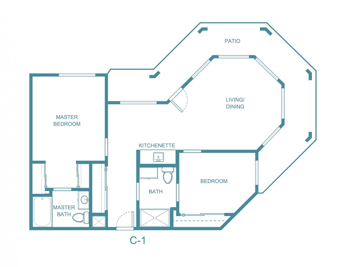 This image depicts a detailed floor plan of an apartment, highlighting different rooms and spaces.