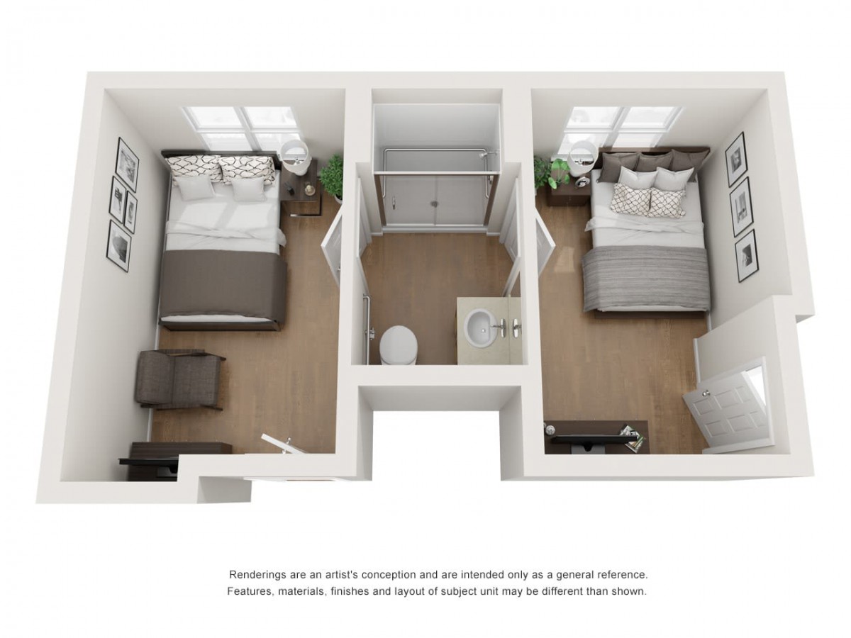 A 3D floor plan showcasing a small apartment with two bedrooms and a shared bathroom.