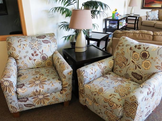 A cozy living room setup with two floral patterned chairs, a lamp on a side table, and indoor plants.