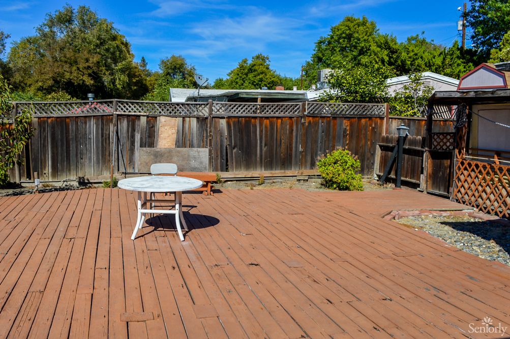 A sunny backyard patio with a wooden deck, featuring a table and chair set against a backdrop of trees and a fence.